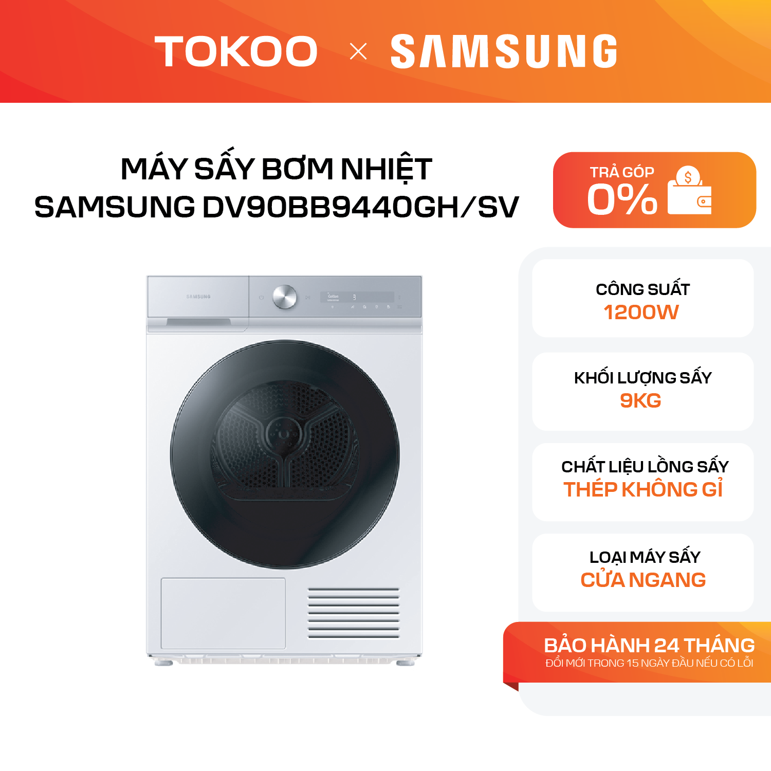 Máy sấy bơm nhiệt Samsung 9 kg DV90BB9440GH/SV